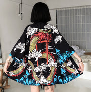 Yukatax Haori Fashion Anime Dragon Print Japanese Kimono Cardigan Summer Women Belt Costume Clothing Black Jacket Shirt Cosplay