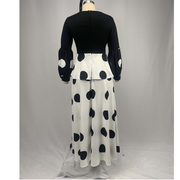 European And American New Cross Border Women''S Clothing Source Mesh Stitching High Waist Dot Printing Long Dress