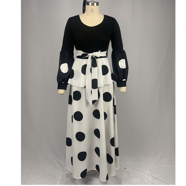 European And American New Cross Border Women''S Clothing Source Mesh Stitching High Waist Dot Printing Long Dress