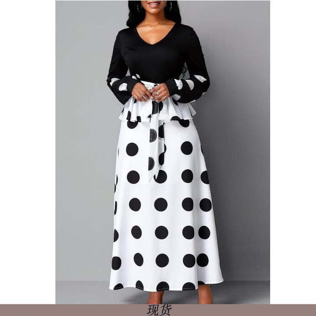 European And American New Cross Border Women''S Clothing Source Mesh Stitching High Waist Dot Printing Long Dress