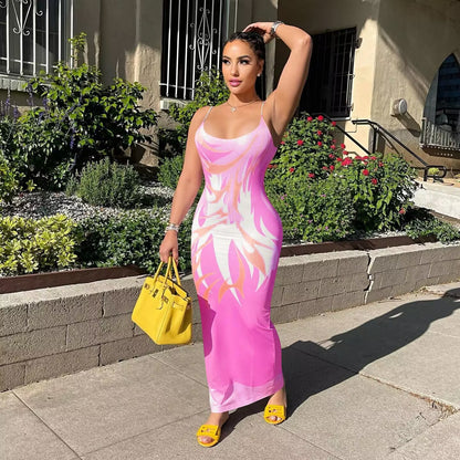 Sexy Sling Temperament Printed Dress Women&