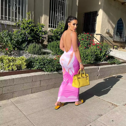 Sexy Sling Temperament Printed Dress Women&